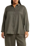 Eileen Fisher Classic Easy Organic Linen Button-up Shirt In Grove