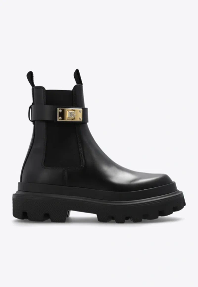 Dolce & Gabbana Branded-strap Leather Ankle Boots In Negro