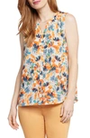 Nydj Print Pleat Back Sleeveless Split Neck Blouse In Cottage Pond