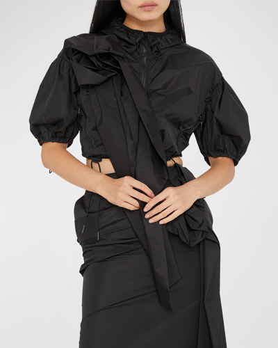 Simone Rocha Pressed Rose-applique Puff-sleeve Crop Jacket In Black