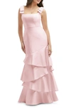 Dessy Collection Bow Shoulder Tiered Gown In Pink