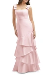 Dessy Collection Bow Shoulder Tiered Gown In Ballet Pink