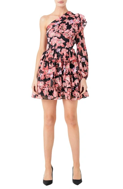Endless Rose Floral One-shoulder Single Long Sleeve Chiffon Minidress In Black/ Pink