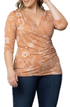 Kiyonna Faux Wrap Top In Apricot Florals