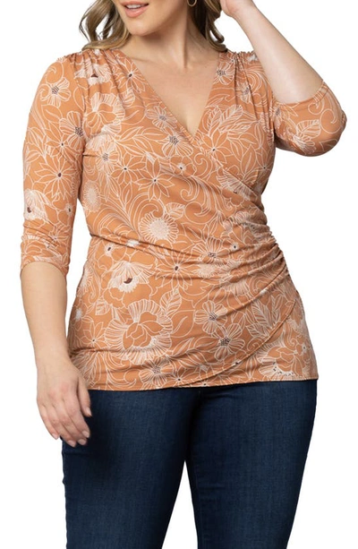 Kiyonna Faux Wrap Top In Apricot Florals