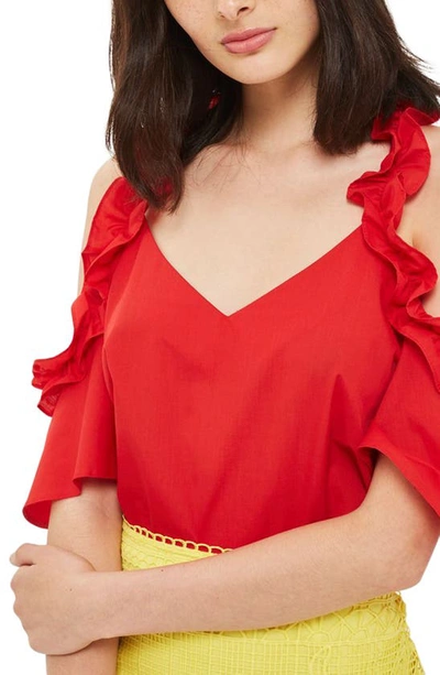 Topshop Ruffle Cold Shoulder Top In Red