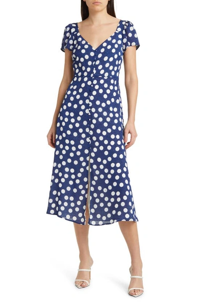 Charles Henry Button Front Crinkled Crepe Midi Dress In Navy Polka-dot