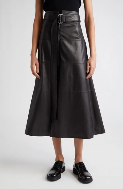 Partow Alana Belted Leather A-line Midi Skirt In Black