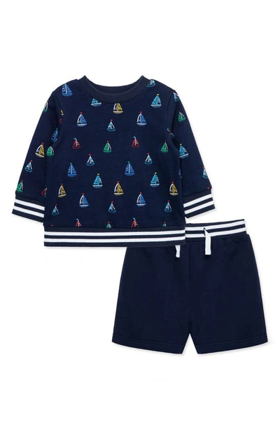 Little Me Babies' Nautical Print Sweatshirt & Shorts Set In Blue