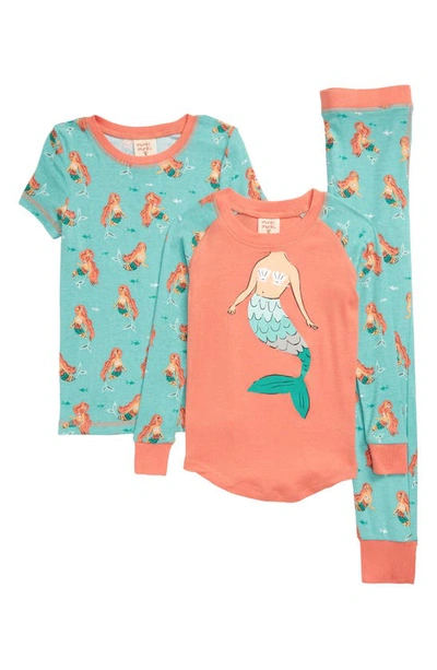 Munki Munki Kids' Mermaids Fitted Three-piece Pajamas In Mint