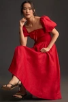 Reformation Marella Linen Puff Sleeve Midi Dress In Red