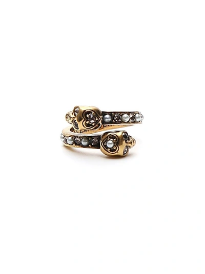 Alexander Mcqueen Pearl Embellished Skull Ring In Gold