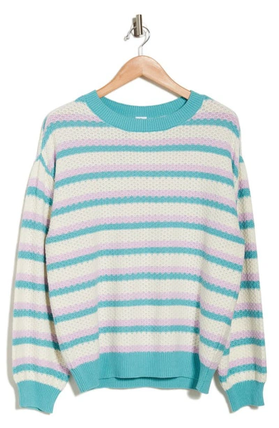 Abound Stripe Pointelle Pullover Sweater In Teal- Ivory Spring Stripe