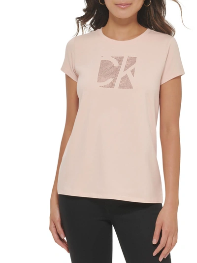 Calvin Klein Womens Rhinestones Logo T-shirt In Gold