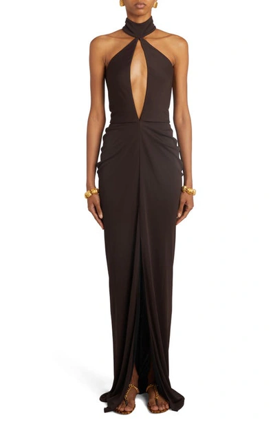 Tom Ford Cutout Halter Neck Sable Jersey Gown With Train In Brown