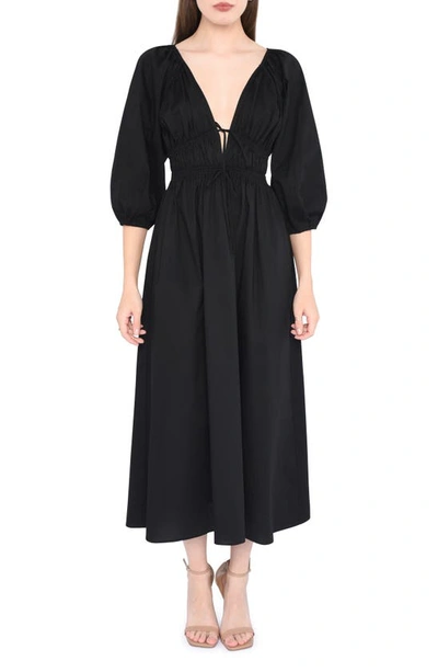 Wayf Veronica Ruched Puff Elbow Sleeve Midi Dress In Black