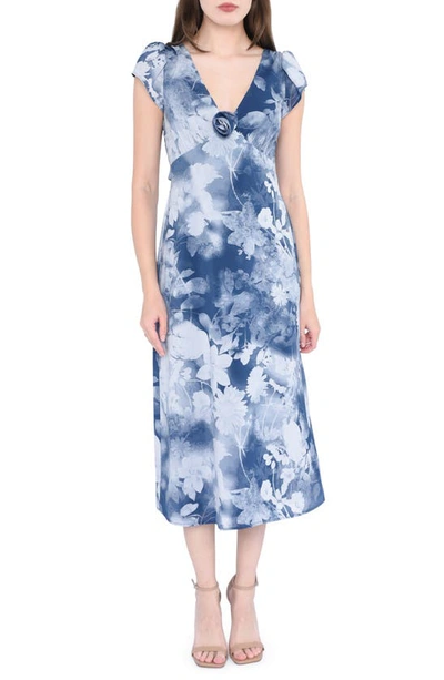 Wayf Gracie Floral Empire Waist Midi Dress In Navy Shadow