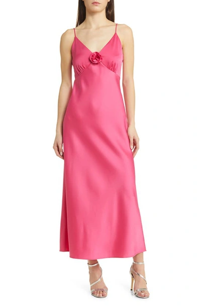 Charles Henry Rosette Empire Waist Satin Slipdress In Punch