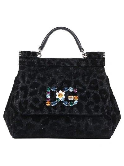 Dolce & Gabbana Leopard Print Sicily Mini Tote Bag In Black
