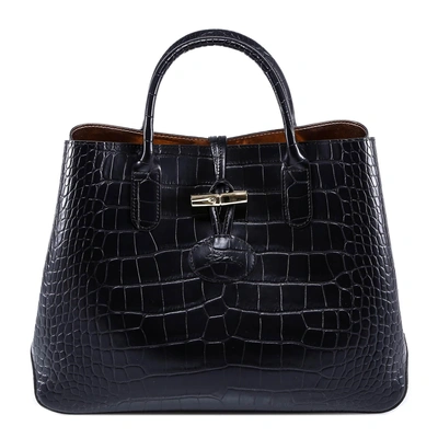 Longchamp Roseau Crocodile S Tote Bag In Black