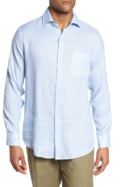 Peter Millar Whirlwind Regular Fit Linen Sport Shirt In Tar Heel Blue