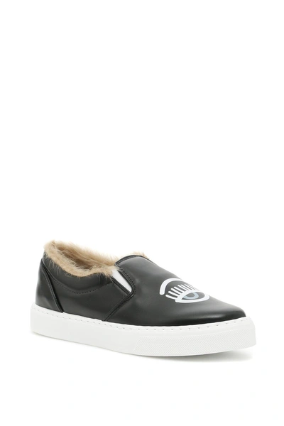 Chiara Ferragni Fur Slip Ons In Black