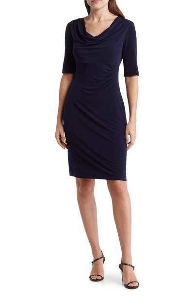 Connected Apparel Three-quarter Sleeve Cowl Neck Fitted Dress In Navy