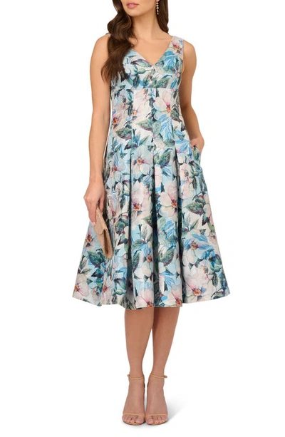 Adrianna Papell Floral Jacquard Midi Fit & Flare Cocktail Dress In Blue Multi
