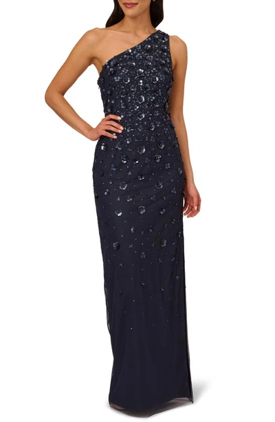 Adrianna Papell 3d Beaded & Sequin One-shoulder Gown In Dusty Navy