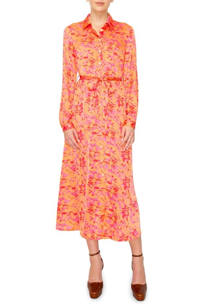 Melloday Floral Long Sleeve Tie Belt Satin Shirtdress In Pink/ Coral