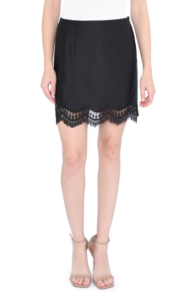 Wayf Lace Trim Satin Miniskirt In Black