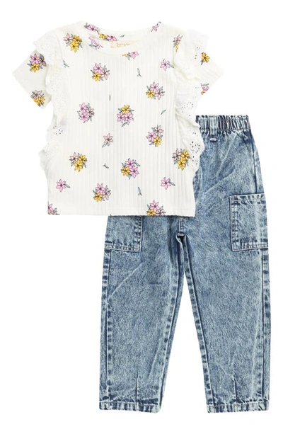 Jessica Simpson Kids' Floral Print Ruffle Trim Rib Top & Acid Wash Jeans Set In Sea Salt