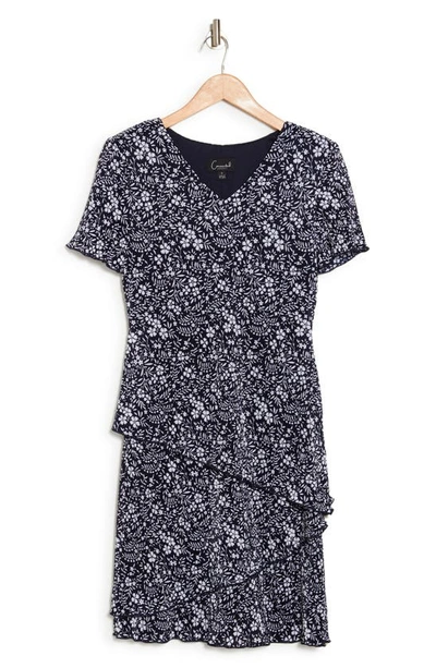 Connected Apparel Floral Short Sleeve Tiered Dress In Navy