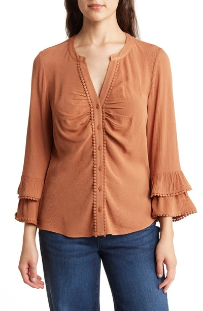 Dr2 By Daniel Rainn Ruffle Embroidered Button-up Top In Sunbaked