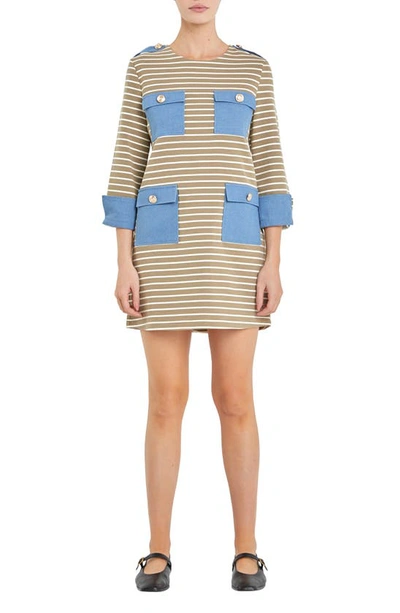 English Factory Stripe Pocket Cotton Blend Minidress In Taupe Multi