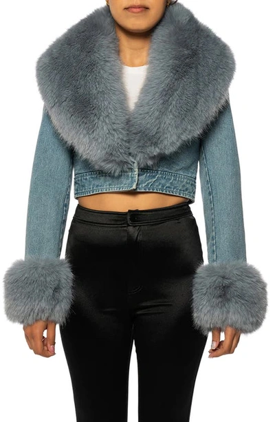 Azalea Wang Denim Trucker Jacket With Faux Fur Cuffs & Removable Faux Fur Collar In Blue