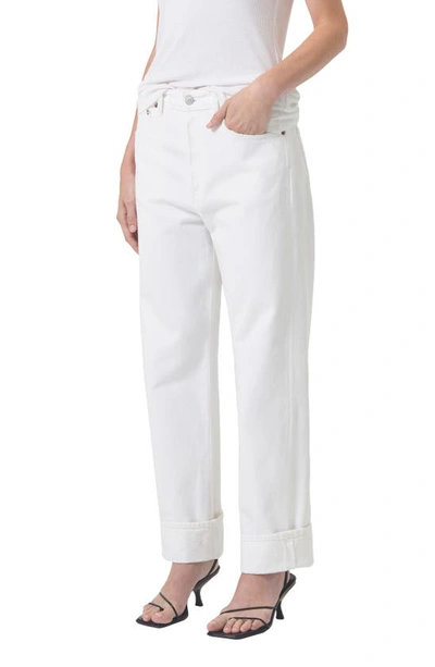 Agolde Fran High Rise Wide Leg Low Slung Cuffed Jeans In Milkshake In White