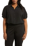 Adrianna Papell Gathered Short Sleeve Button-up Shirt In Black