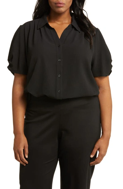 Adrianna Papell Gathered Short Sleeve Button-up Shirt In Black