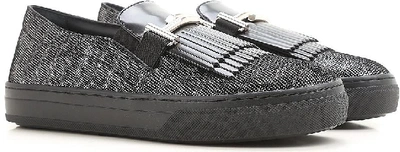 Tod's Fringed Glitter Loafers In Silver+black