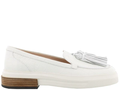 Tod's Croc Embossed Tassel Loafers In White