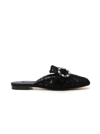 Dolce & Gabbana Embellished Lace Mules In Black