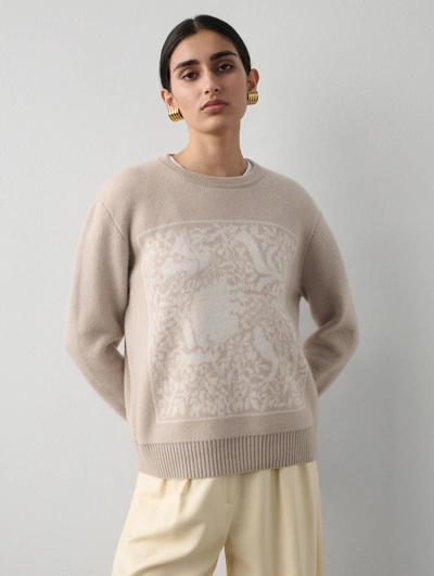 White + Warren Cashmere Dragon Tapestry Crewneck Top In Jute Heather Combo