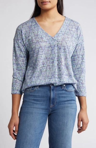 Bobeau Caty Pleat Front Three-quarter Sleeve Top In Navy Diamond Dots