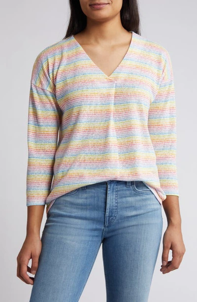 Bobeau Caty Pleat Front Three-quarter Sleeve Top In Multicolor Combo