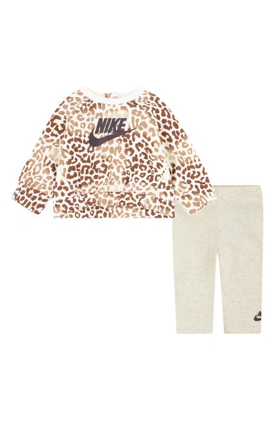 Nike Babies'  Leopard Print Fleece Sweatshirt & Leggings Set In Pale Ivory Heather