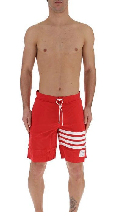 Thom Browne 4 Bar Print Board Shorts In Red