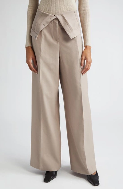 Acne Studios Foldover Waist Pleated Recycled Polyester & Wool Wide Leg Trousers In Cold Beige