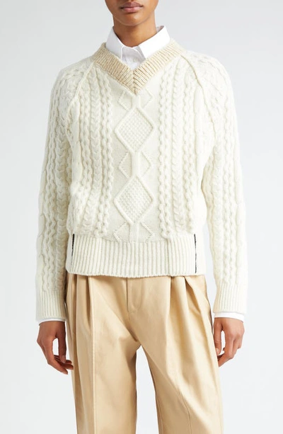 Victoria Beckham Contrast V-neck Cable Stitch Lambswool Jumper In Natural