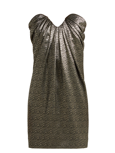 Saint Laurent Strapless Metallic Jacquard Mini Dress In Black  Gold & Silver